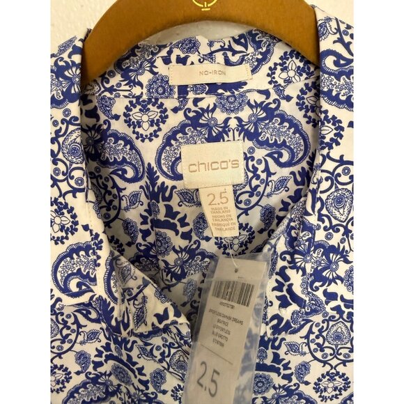 Chico's Button Up Shirt White Blue Scroll NWT No Iron Womans 2.5/L - Picture 3 of 6